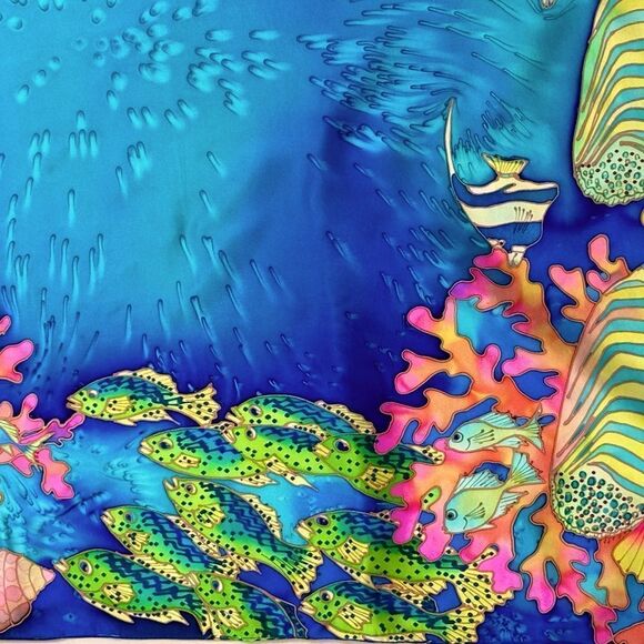 Vintage Lee Caldwell hand painted silk mtropical fish ocean scarf fabulous - Picture 4 of 15